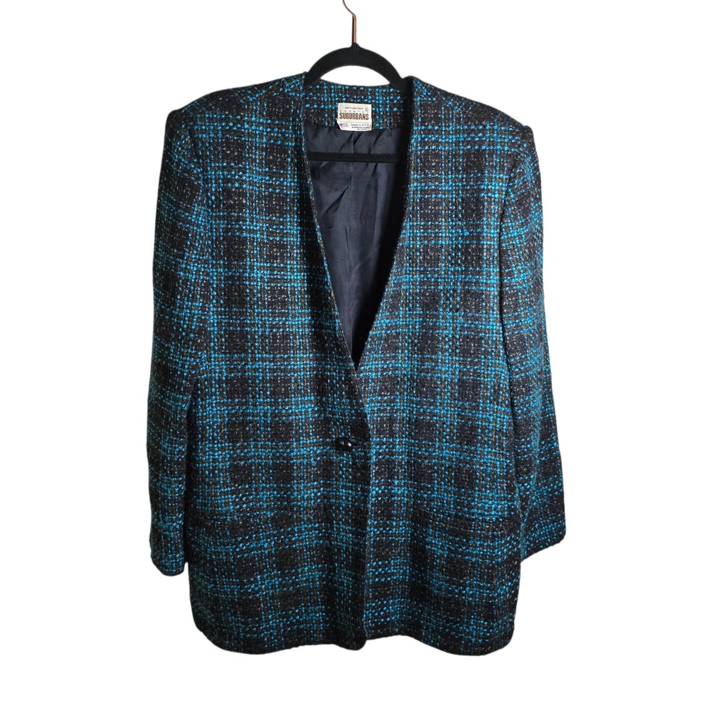 Vintage Country Suburbans Wool Tweed Blazer Womens M L Blue Plaid USA Made - Picture 2 of 8